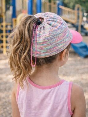 Girls Ponytail Visor Hat Stretch Knit Multicolor Pink Adjustable Opening